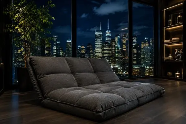 Charcoal grey lazy floor sofa on a dark hardwood floor with a night city view.