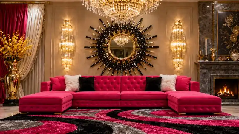 Symmetrical modern double chaise sofa in a luxurious hot pink velvet upholstery.