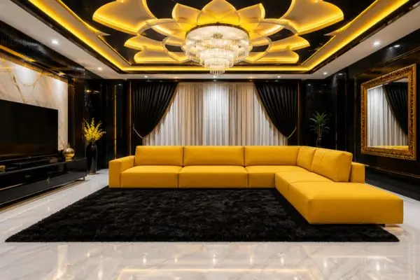 Modern yellow sectional couch design in a luxury black and yellow living room.