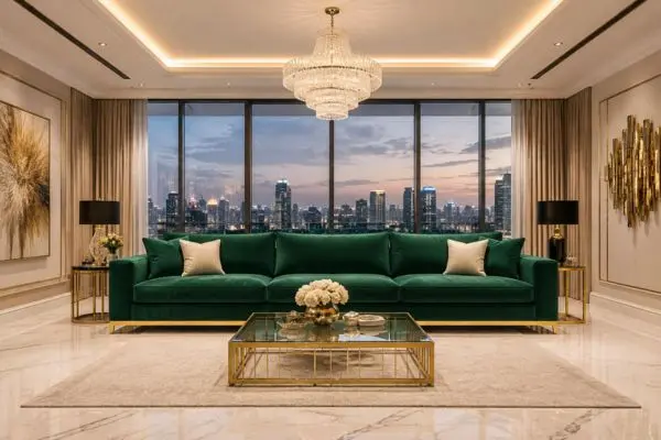 A single deep emerald green velvet couch on a cream rug in a luxury penthouse apartment.
