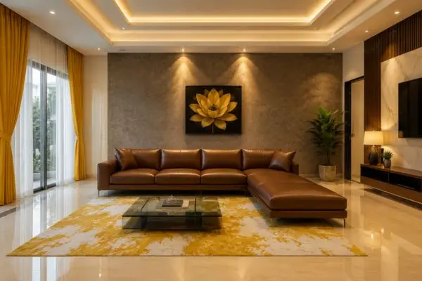 Warm chocolate brown leather chaise sofa on a yellow patterned rug underneath a tiered recessed ceiling.
