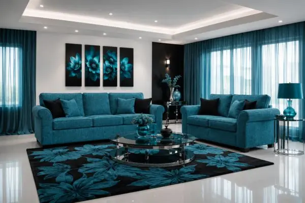 A complete modern teal-cyan and black multi-piece seating arrangement displayed inside a spacious living area.