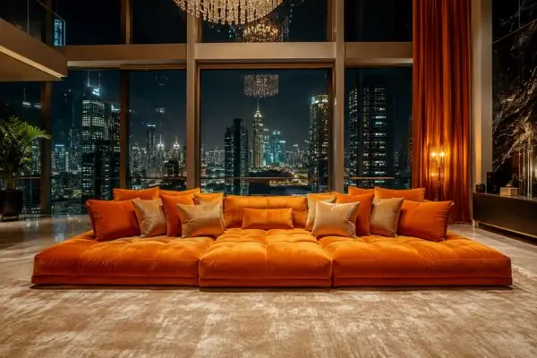 A full vibrant orange velvet floor sofa centered in a luxury night penthouse layout.