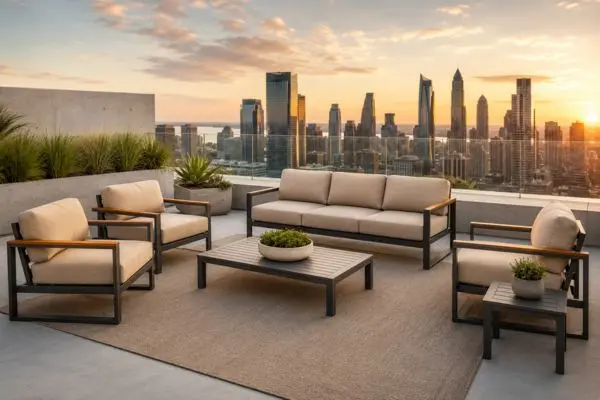 Modern set sofas exterior layout setup on a luxury skyscraper rooftop terrace.