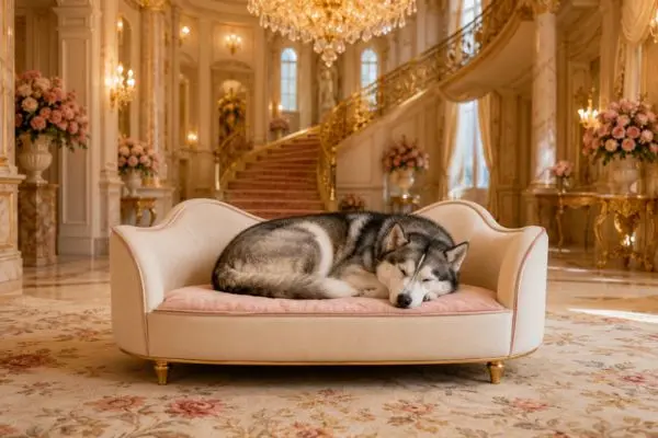 A grey and white Siberian Husky fast asleep inside a bright royal mansion bedroom.