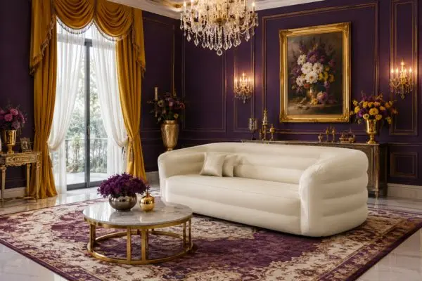 A premium cream inflatable air sofa placed in a luxury purple and gold living room.