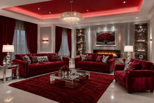 A complete multi-piece deep crimson red velvet Ashley sofa set with silver cushions in a luxury living room.