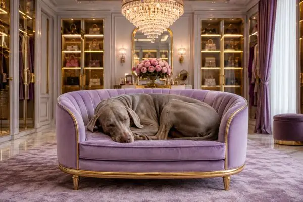 An adult silver-grey Weimaraner dog sleeping peacefully on a premium plush lavender-purple velvet pet couch with gold trim.