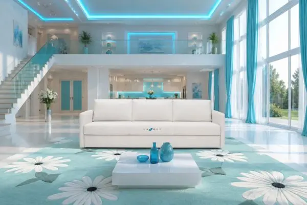 An authentic white Lazy Boy sleeper sofa on a white daisy patterned rug in a cyan lit room.