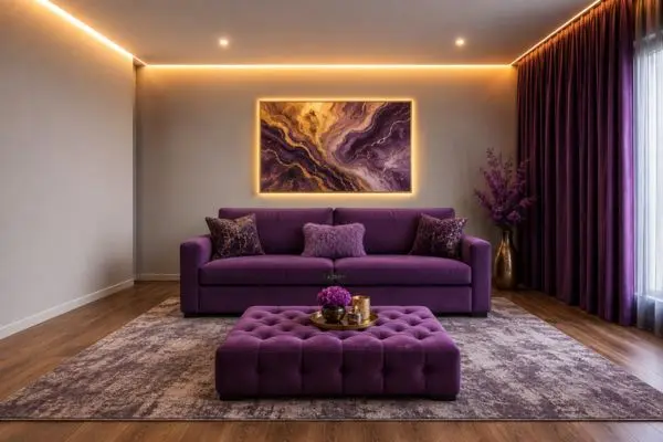 A single royal purple couch in front of a backlit abstract painting in a luxury velvet room.