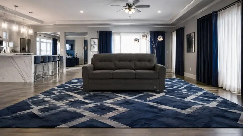 A charcoal grey Lazy Boy sleeper sofa placed on a blue geometric rug in a luxury living room.