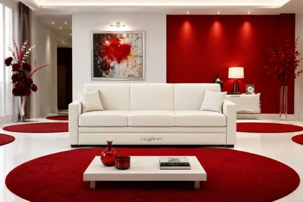 A genuine cream white Lazy Boy sleeper sofa with a flat solid base in a red heart themed room.