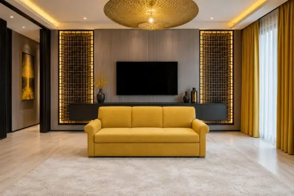 A single mustard yellow couch in front of a modern backlit media wall in a luxury home.