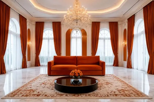 A single burnt orange couch beneath a crystal chandelier in a white marble luxury hall.