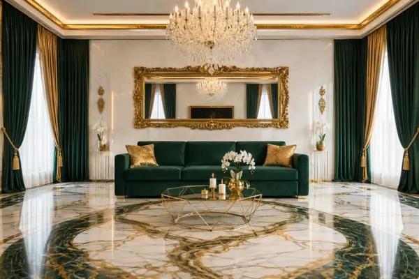 An authentic emerald green Lazy Boy Sleeper Sofa under a gold ornate mirror in a luxury living room.