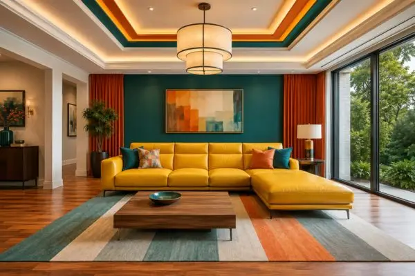 Vibrant yellow contemporary seating arrangement centered on a multi-colored striped area rug in a modern living room.