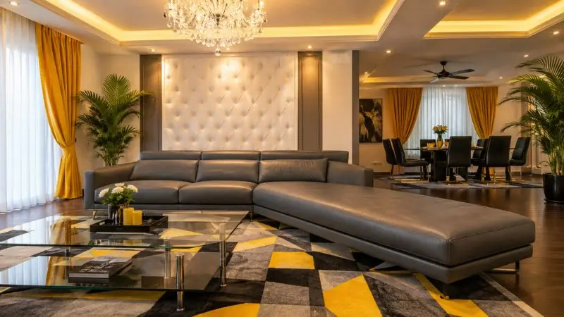 Premium dark gray leather chaise sofa on an abstract geometric rug under a crystal chandelier.