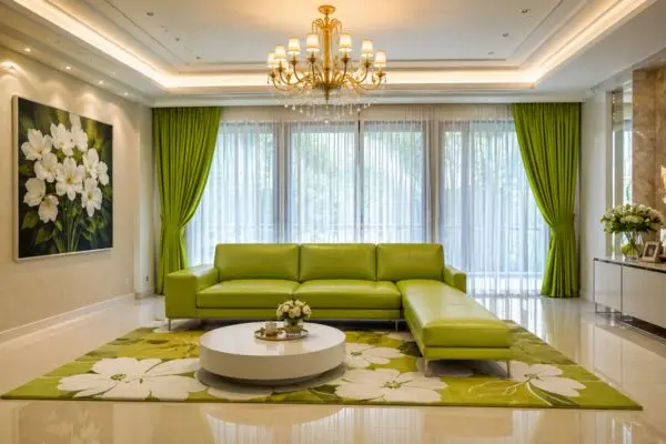 Modern vibrant lime-green seating layout arranged on a matching white and green floral area rug inside a luxury living room.