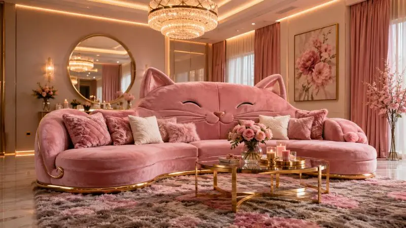 Luxurious pink velvet cat shaped couch with gold trim in a modern living room interior.