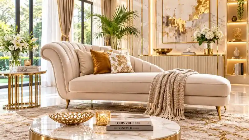 Luxury cream chaise lounge sofa design in a modern bright living room interior.