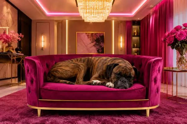 An adult brindle Boxer dog sleeping soundly on a deep magenta velvet pet couch with gold trim and polished legs.
