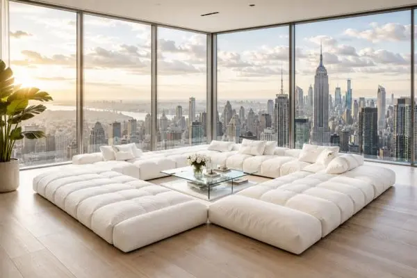 A complete pristine white modular low-profile seating layout centered in a luxury sunlit penthouse with corner windows.