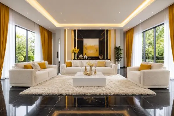 A complete luxury cream-white soft fabric multi-piece seating arrangement displayed inside a modern reflective floor living area.