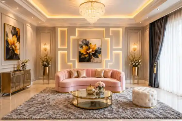 A modern blush pink velvet rounded couch styled with grey pillows in a luxury living room.