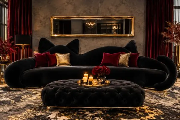 Dramatic matte black velvet whimsical feline sofa with deep red cushions in a luxury modern lounge.
