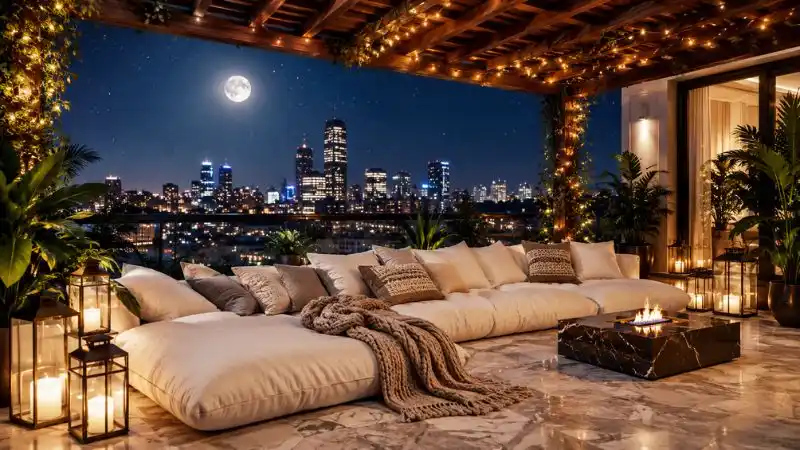 Modern floor sofa design layout on a luxury night balcony with a city skyline view.