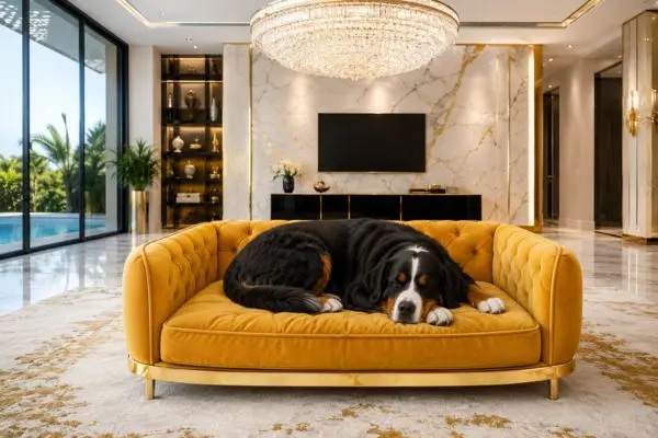 An adult Bernese Mountain Dog sleeping peacefully on a tufted mustard yellow velvet dog sleeping sofa with gold legs.