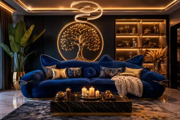 Luxury navy blue velvet cat shaped couch with golden whiskers accents in a modern living room