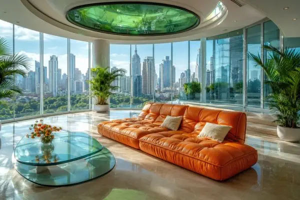 Modern bright orange leather couch on a polished penthouse floor with a sunlit city view.