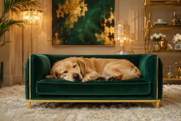 An adult golden retriever dog resting on an orthopedic emerald green velvet dog sleeping sofa with gold trim.