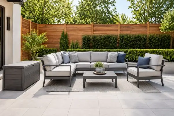 Spotlessly clean modern patio seating layout arranged on a well-maintained open veranda.
