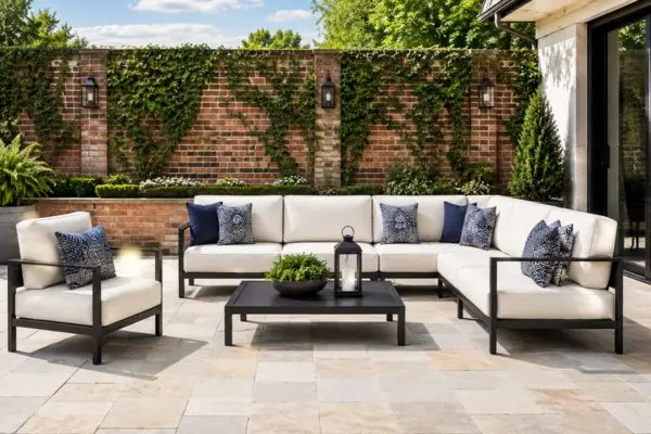 Perfectly arranged modern cream patio sectional seating group on a brick walled veranda.