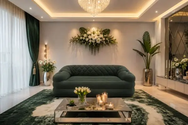 A deep green premium polyester flocked lounge placed in a luxury living room.