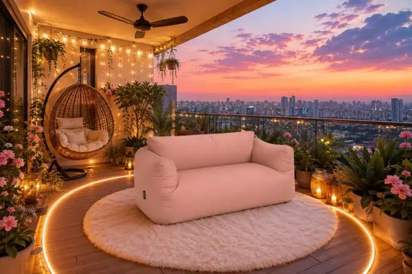 A single pastel pink inflatable air sofa styled on a dreamy balcony garden with warm lighting.