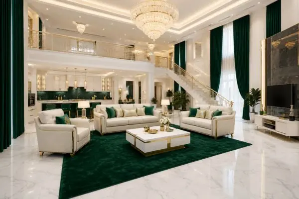 A multi-piece cream linen Ashley sofa set with emerald green cushions in a luxury grand living room.