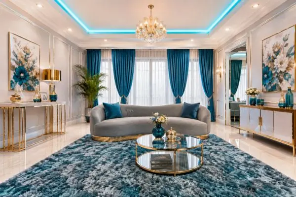 A modern grey small curved sofa with a gold base in a luxury teal living room.