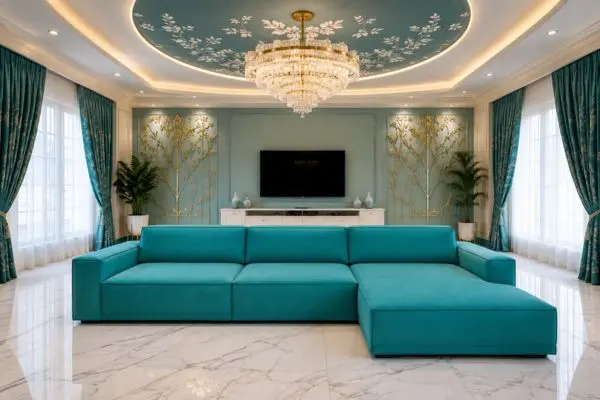 Modern teal sectional seating design in a luxury symmetrical living room interior.