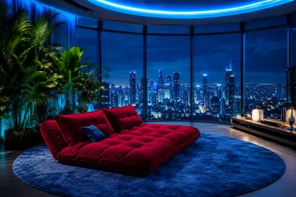 Luxury rich red velvet floor couch placed on a round blue carpet in a neon-lit penthouse.