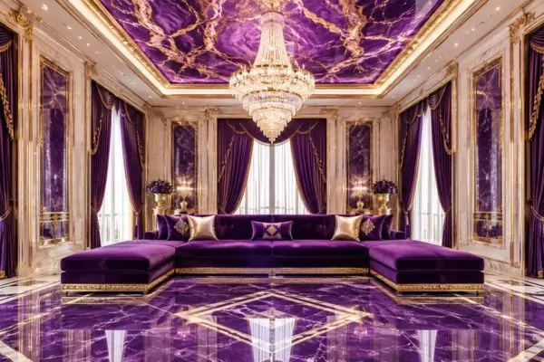 Symmetrical modern double chaise sofa in royal purple velvet fabric.