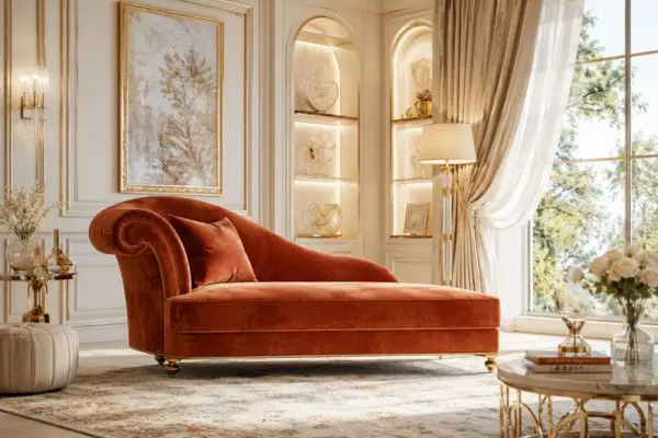 Luxury burnt orange velvet daybed couch in a modern room with elegant gold wall moldings.