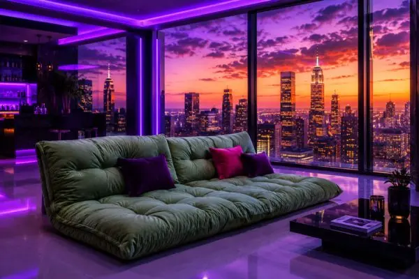 Sage green lazy floor sofa with purple cushions in a neon penthouse at sunset.
