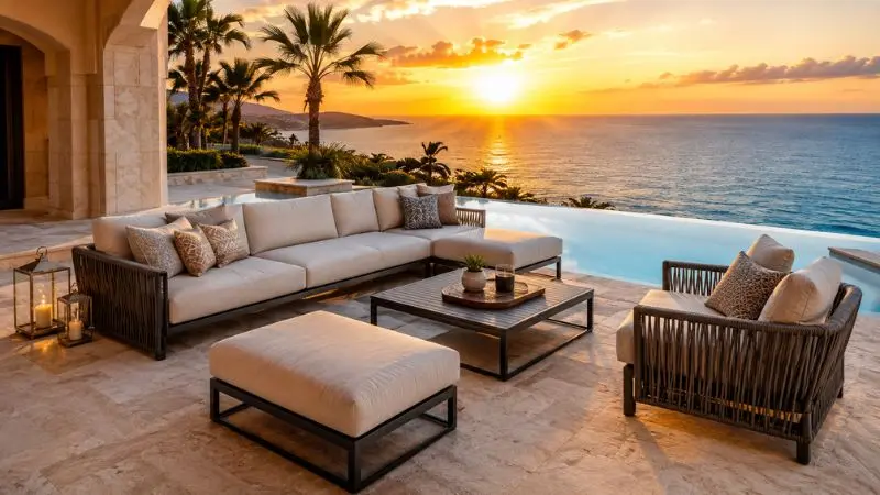 Modern set sofas exterior layout setup on a luxury oceanfront villa patio.