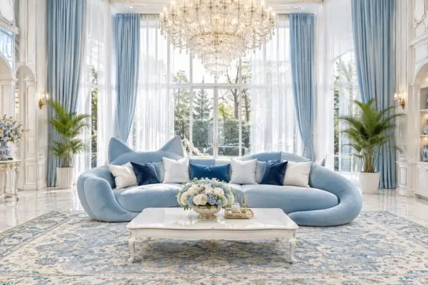 Elegant light sky blue velvet whimsical feline seating on a classical patterned area rug under a grand chandelier.