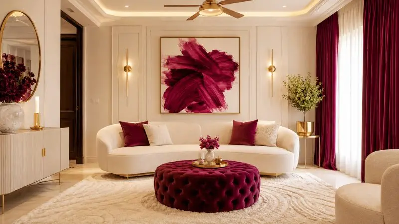 A modern cream small curved sofa styled with magenta pillows in a luxury living room.