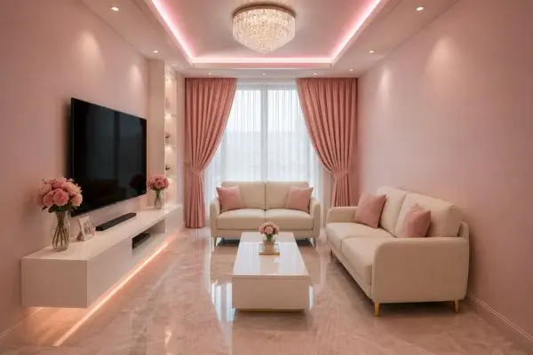 Sleek space-saving cream sofas arranged beautifully inside a narrow pastel pink small flat apartment.