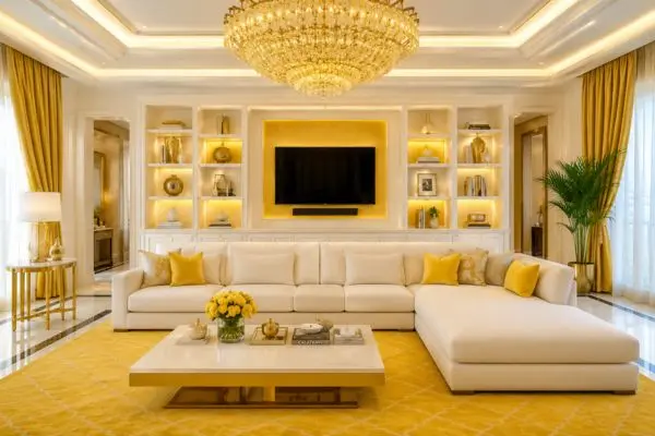 Cream-white sofa and chaise sectional in a luxury golden living room with a large chandelier.